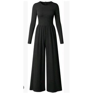 OQQ Black Ribbed Jumpsuit Women’s L Wide Leg LS Round Neck Lounge Stretchy NEW